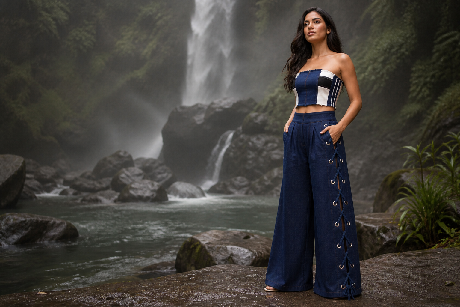 Modelo adulta vistiendo el conjunto Bujona Flow frente a una cascada
